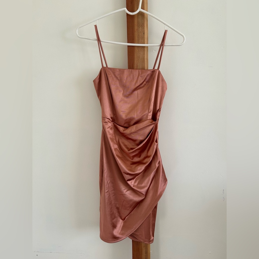 Windsor Asymmetrical Satin Dress in Rose Gold